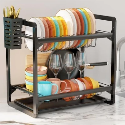 Image of OWill Stainless Steel 2 Tier Dish Drainer rack with Drip Tray, Utensils Holder and Draining Board Drying for Small Kitchens Countertops
