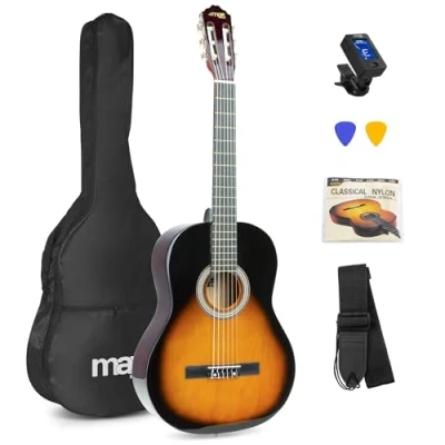 Image of Classical Acoustic Guitar Set with Gig Bag, Tuner, Strap and Nylon Strings Beginners Starter Pack, SoloArt 39&quot; Sunburst