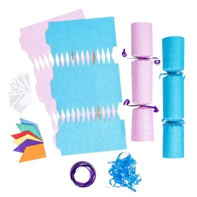 Image of evelay 12 Make Your Own Christmas Cracker Kit DIY Blue &amp; Baby Pink Glitter Crackers Hats Snaps Jokes (Blue, Pink)