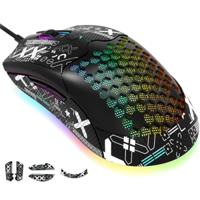 Image of KUIYN 383 PRO M5 Ultralight Wired Gaming Mouse, Lightweight Honeycomb Shell, Pixart PAW3325, 6 Adjustable DPI 12000, 26 RGB Breathing Backlit Mice, 65g, USB Optical Model O Mice for Win11/Xbox/PS/Mac