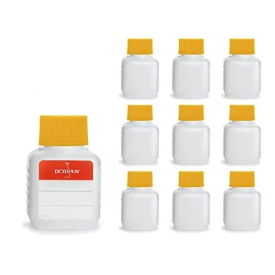 Image of Octopus 10 x 50 ml plastic bottles, HDPE bottles with yellow screw caps, empty square incl. labels