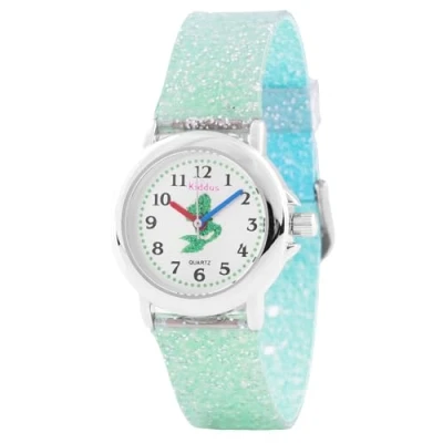 Image of Kiddus. Girl Watch. with Glitter. Kids Watch for Girls. Exercises to Learn The Time. Watches Easy Read. Sparkly. from 4+ Years. Mermaid, Gradient Blue Turquoise.