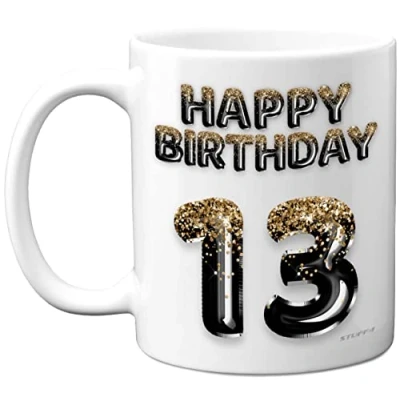 Image of 13th Birthday Gift for Boys Black Gold Glitter Balloons Happy Mug Present 13 Year Old Son Brother Grandson Cousin Friend, 11oz Ceramic Dishwasher Safe Coffee Mugs Cup