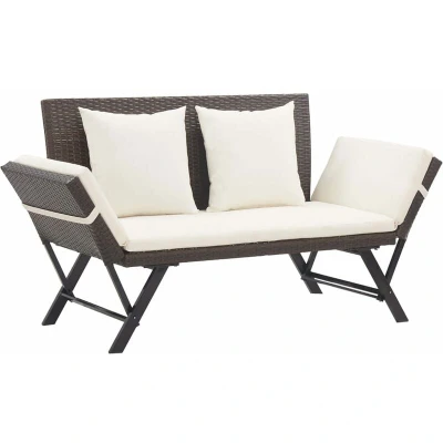 Image of vidaXL Garden Bench 2 in 1 Outdoor Convertible Day Bed Brown Poly Rattan with Cream White Cushions Weather Resistant, Easy to Clean Material Stable Steel Frame&#039;.