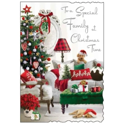 Image of Special Family Christmas Card Cosy Festive Lounge and Puppies Artistic Contemporary Dog Design Finishes Illustrated Insert Leaf Made in the UK