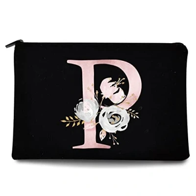 Image of 26 Letter Printed Zip Canvas Pouch Makeup Bag Make Up Bag, Cosmetic Travel Bag,Toiletry Bag,Organizer Bags,Toiletry Bags, Bride Bridesmaid Bag,Pencil Bag,Wash Bag,Coin Purse (Pink Flower P)