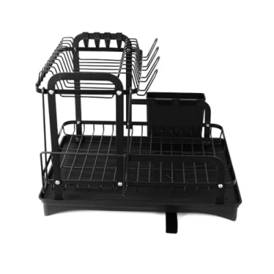 Image of 2 Tier Dish Drainer Rack Detachable Drying with Drainage Spout Utensil and Cutting Board Holder for Kitchen Counter Black