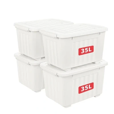 Image of Cetomo 35L*4 Plastic Storage Box,White, Tote box,Organizing Container with Durable Lid and Secure Latching Buckles, Stackable Nestable, 4Pack, Buckle