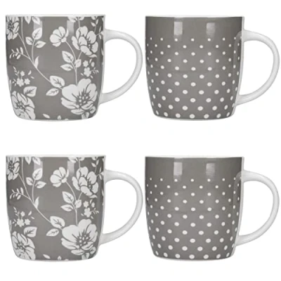 Image of KitchenCraft Barrel Mug Set Of 4 Grey Dot Floral