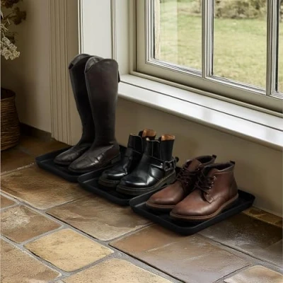 Image of Navaris Set of 3 Shoe Drip Trays Multi Purpose Boot Tray For Rain, Winter Boots, Wellies Indoor and Outdoor Use in All Seasons Grey, Small