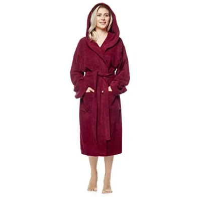 Image of Arus Women&#039;s bathrobe with hood, calf length, 100% cotton terry, women`s size: XL, unisex L Burgundy