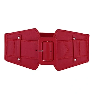 Image of CHIC DIARY Women&#039;s Wide Stretchy Cinch Belt Retro Chunky Buckle Belts Waistband (Red)