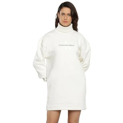 Image of Calvin Klein Jeans Women Sweater Dress Monologo Roll Neck Long Sleeve, White (Ivory), M
