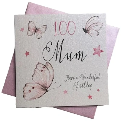 Image of WHITE COTTON CARDS Handmade 100 Mum Have a Wonderful Vintage Butterflies 100th Birthday Card, White, PM100