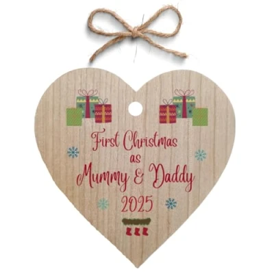 Image of Second Ave First Christmas as Mummy &amp; Daddy Cherry Wood Hanging Heart Xmas Tree Decoration Bauble