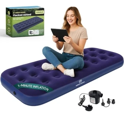 Image of Green Haven Single Blow Up Camping Bed with AC Electric Air Pump (191 x 73 22 cm) Waterproof Inflatable Airbed Mattress Quick Inflate Ideal for &amp; Guest Use