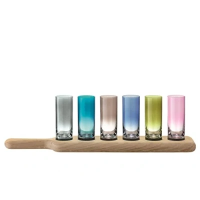 Image of LSA Paddle Vodka Set &amp; Oak L40cm Assorted Colours 1 Unit Mouthblown Handmade Glass Hand Planed Wood PX03