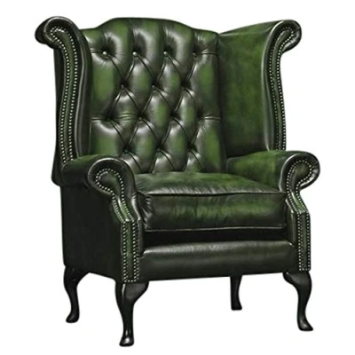Image of Chesterfield Genuine Antique Leather Queen Anne chair (3 Colour choices) (Green)