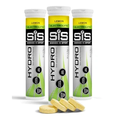 Image of Science In Sport Hydro Hydration Tablets, Gluten Free, Zero Sugar, Lemon Flavour Plus Electrolytes, 20 Effervescent Tablets per Bottle (3 Bottles)