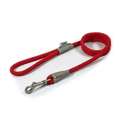 Image of Ancol Viva Reflective Rope And Real Leather Snap Lead 107 X 1.0Cm. Red