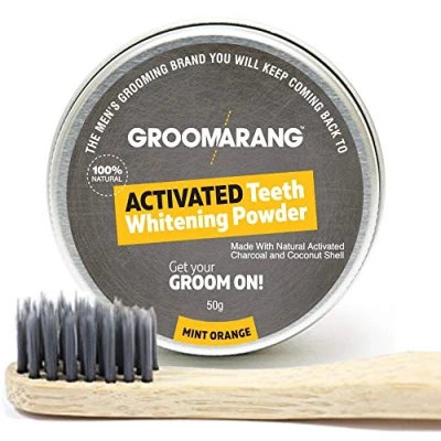Image of Groomarang Activated Charcoal and Coconut Shell Mint Orange Teeth Whitening Powder 50g FREE Bamboo Toothbrush