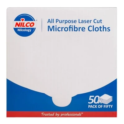 Image of Nilco All Purpose Laser Cut Microfibre Cloths for Efficient Cleaning Ultra Soft, Highly Absorbent, Lint Free 50 per Box