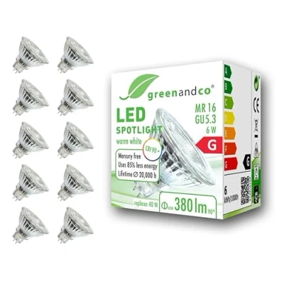 Image of greenandco® CRI 90+ 3000K 36 LED spot Replaces 40 Watt GU5.3 MR16 Halogen Spotlight, 6W 380 Lumen Warm White 12V AC/DC, not dimmable, 10 Pack