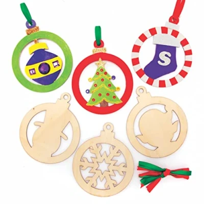 Image of Baker Ross FC190 Christmas Wooden Baubles Decorations Pack of 10, Make Your Own Decorations, Crafts for Kids, Hanging Trees