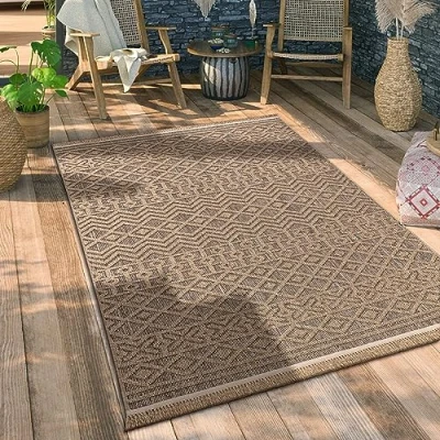 Image of Paco Home Outdoor Rug For Garden Area Living Room Kitchen Aztec Pattern Floral Geometric Pattern, Size:240x340 cm, Colour:Beige