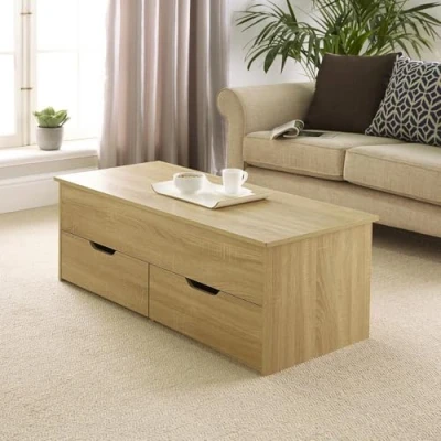 Image of Home Source Lift Up Top Coffee, Pivoting Lid Living Room Table with Locking Support, 2 Large Storage Drawers, Oak Effect Finish, Engineered Wood, 115cm