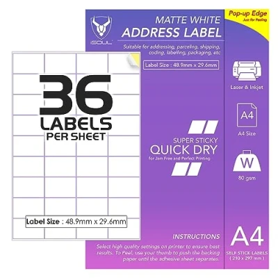 Image of 36 Labels Per A4 Sheet, 50 Sheets 1800 Sticky Label, Printable Sticker Paper, iSOUL Matte Self Adhesive Address Mailing, Shipping, Postage, Laser &amp; Inkjet Printer Compatible [QuickDry]