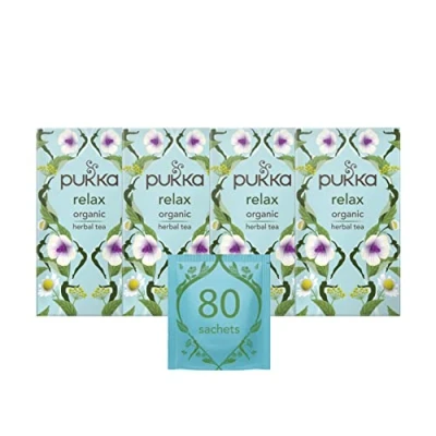 Image of Pukka Herbs Relax Organic Herbal Tea Box Infusion With Chamomile, Cardamon and Fennel Perfect For Calming Caffeine Free 4 Packs 80 Plant Based Biodegradable Bags