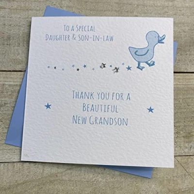 Image of White Cotton Cards DAUGHTER &amp; SON IN LAW THANKYOU FOR GRANDSON LITTLE DUCK NEW BABY CARD, HAND FINISHED (S257)