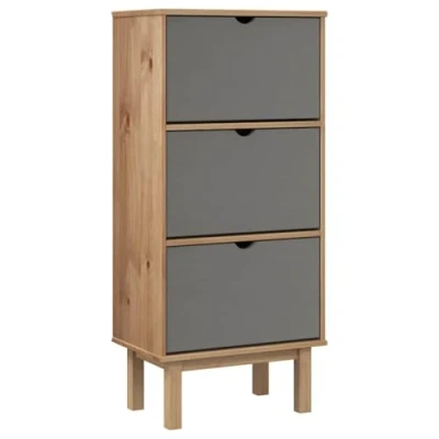 Image of vidaXL Shoe Cabinet OTTA Brown &amp; Grey Solid Wood Pine Scandinavian Style 3 Drawers for Organised Storage