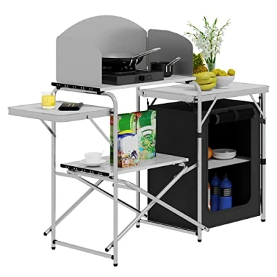 Image of WOLTU Camping Cupboard Foldable Cabinet Kitchen Including Carry Bag Portable Outdoor Furniture Made of Aluminium and MDF for Picnic Beach Outdoors White + Black
