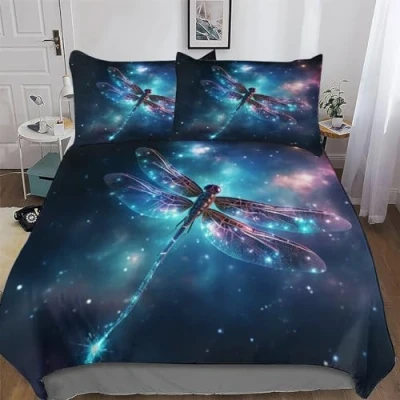 Image of Dragonfly Duvet Cover Set with Pillowcases Printed Bedding Zipper Closure Comforter 3 Pieces Hypoallergenic Soft Microfiber Quilt Double (200x200cm)