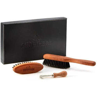 Image of ZilberHaar Beard Brush Grooming Kit for Men 1 + Pocket Cleaner Tool Stiff Boar Bristles and Pearwood Medium to Long, Thick Beards Distributes Balm &amp; Oil