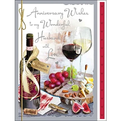 Image of Jonny Javelin Artistic Anniversary Wishes Greeting Card &#039;To My Wonderful Husband&#039; Wine and Cheese Design Ribbon Embellishment Leaf Insert