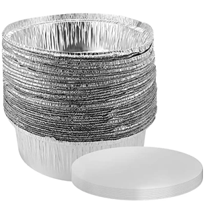 Image of SINJEUN 40 Pack 8 Inch Round Aluminium Foil Trays, Tin Pie Cases with Paper Lids, Pans Dishes for Pies, Flan, Quiche, Nachos, Roasting