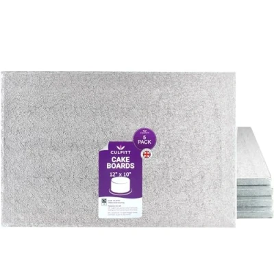 Image of Culpitt 12&quot; x 10&quot; Cake Board, Oblong Drum, Rectangular, 0.5 Inch (13mm) Thick, Pack of 5 Boards For Tray Bakes, Cakes, And Cupcake Displays Silver