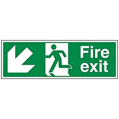 Image of V Safety Fire Exit Arrow Down Left Sign 600mm x 200mm Self Adhesive Vinyl