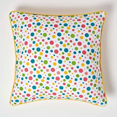 Image of HOMESCAPES 100% Cotton Polka Dots Cushion Cover 45 x cm Square 18 Inches Multi Colour Orange Red Blue Yellow Sofa Pillow Washable