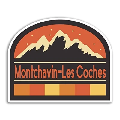 Image of 2 x 10cm Wide Montchavin Les Coches Vinyl Stickers France French Mountains Ski Travel Holiday Sticker #77400