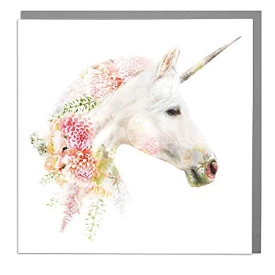 Image of Lola Design Wildlife Botanical Greeting Cards, Unicorn Suitable for Birthdays, Congratulations or Any Special Occasions Blank Inside with Grey Envelope 150mm x