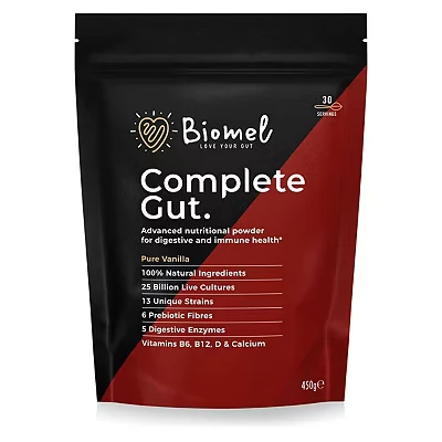Image of Biomel Complete Gut Pure Vanilla 4 in 1 Health Powder with Diverse Fibres 450g/30 Servings Vegan Friendly Gluten Free Live Cultures for Delicious &amp; Effective