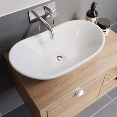 Image of BAYSTONE® Countertop Basin for Bathroom and Cloakroom Hand Wash Basins Sink Modern White Gloss Oval, 620 x 360mm
