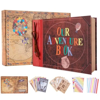 Image of Our Adventure Book with House, 11.6 x 7.5 inch Leather Cover Up Themed Vintage Scrapbook Album,Valentine&#039;s Day, Anniversary Wedding Gifts, Retro Craft Cardstock, 40 Pages (adventure book)