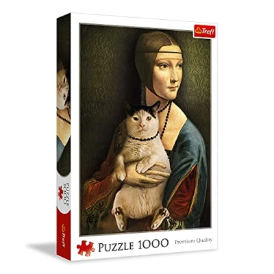 Image of Trefl 10663 Dama con il Gatto 1000 Elements, Custom, Pictures, Portraits, DIY, Creative Entertainment, Gifts, Funny, Classic Puzzles, Checkers with Cat, Mona Lisa mit Katze