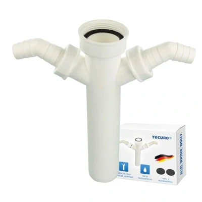 Image of Tecuro adjustable immersion pipe with 2 x device connections for mounting a washing machine, dishwasher drain hose