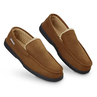 Image of DUNLOP Moccasins Slippers Men Loafers Faux Fur Rubber Sole Memory Foam House Indoor Shoes Gifts For (Brown, 10 UK)